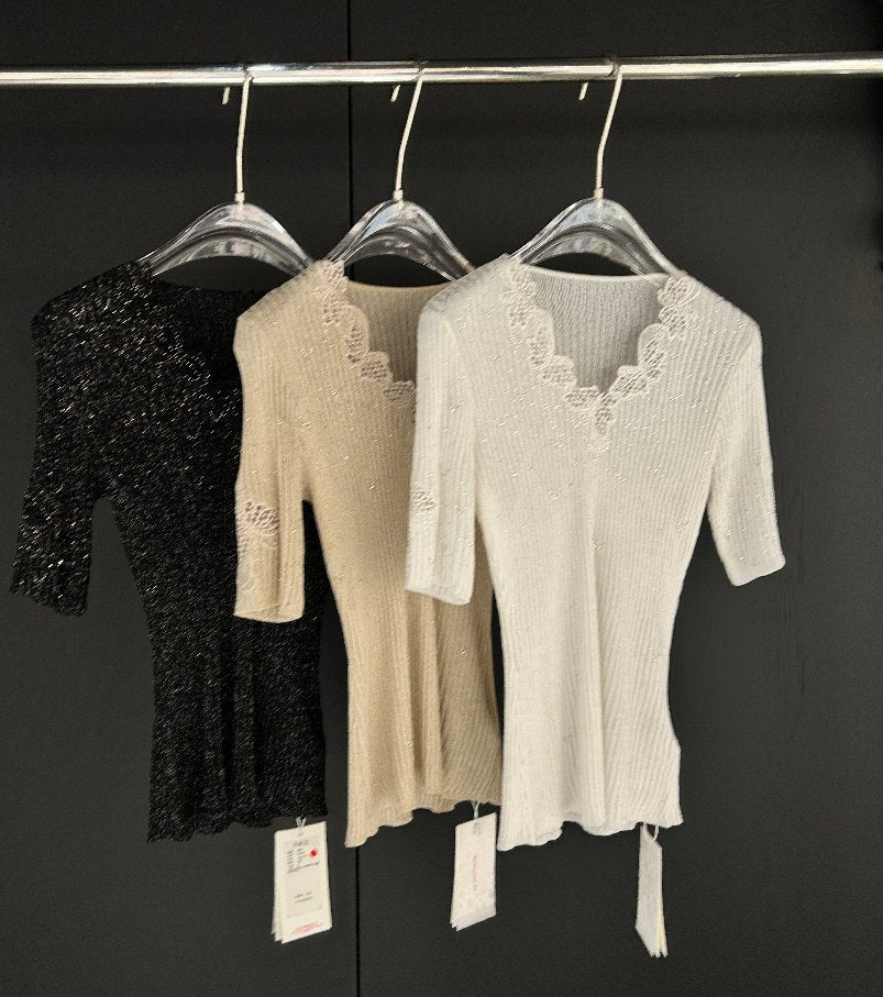 Shimmer Lace Trim Ribbed Sweater
