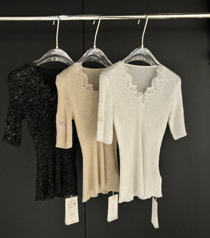 Shimmer Lace Trim Ribbed Sweater