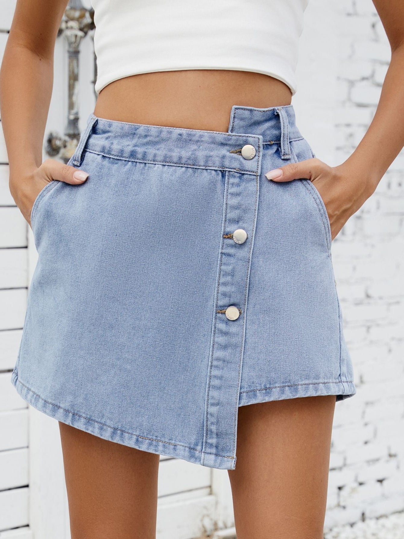 High Waisted Button Front Denim Skirt