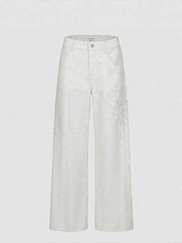 Urban Revivo Floral Embroidered Wide Leg Jeans