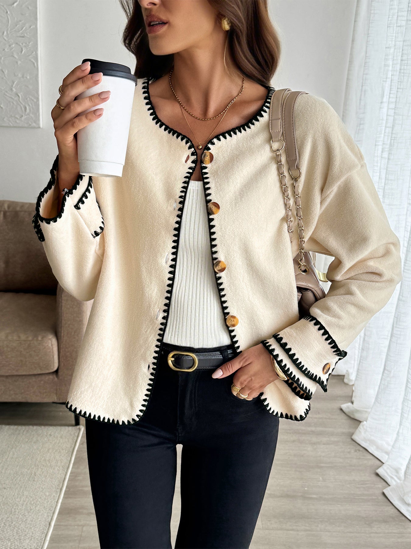 Cozy Contrast Trim Fleece Jacket