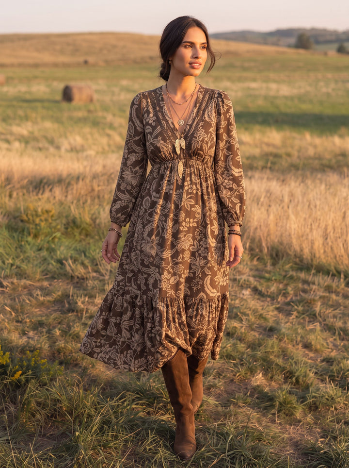 Boho Floral V Neck Midi Dress