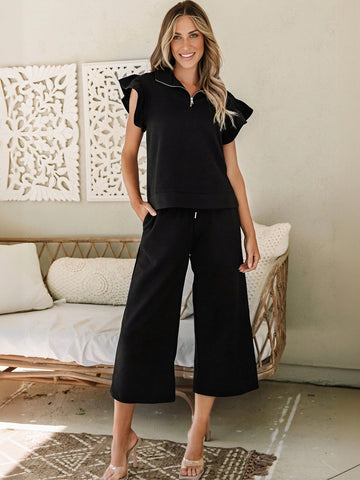 Textured Zipper Ruffle Top Pants Set
