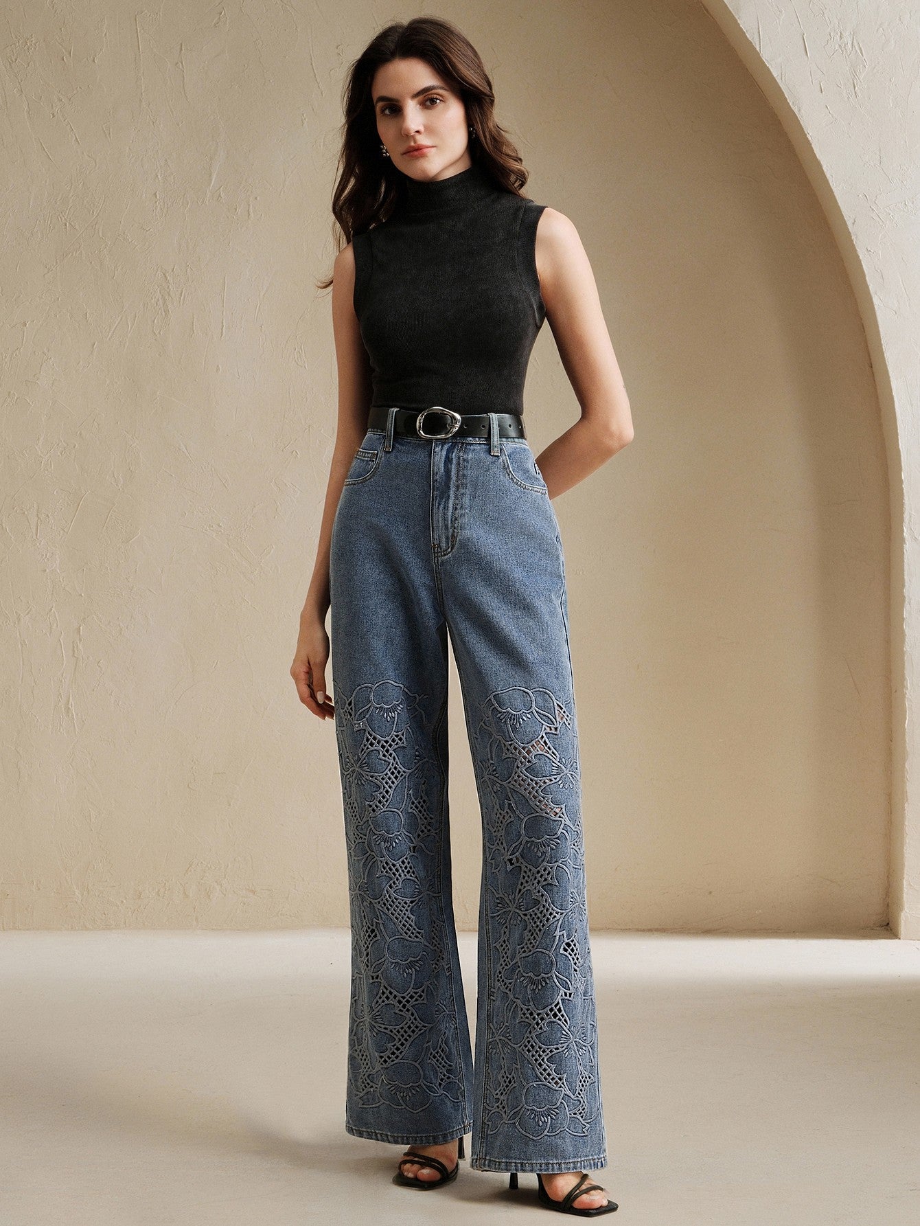 Embroidered Cutout High Waisted Wide Jeans