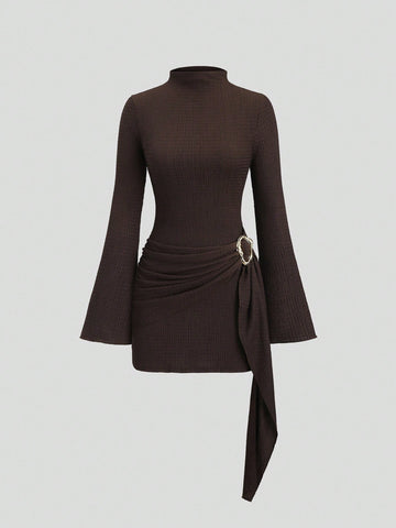 Textured Ruched Buckle Detail Mini Dress
