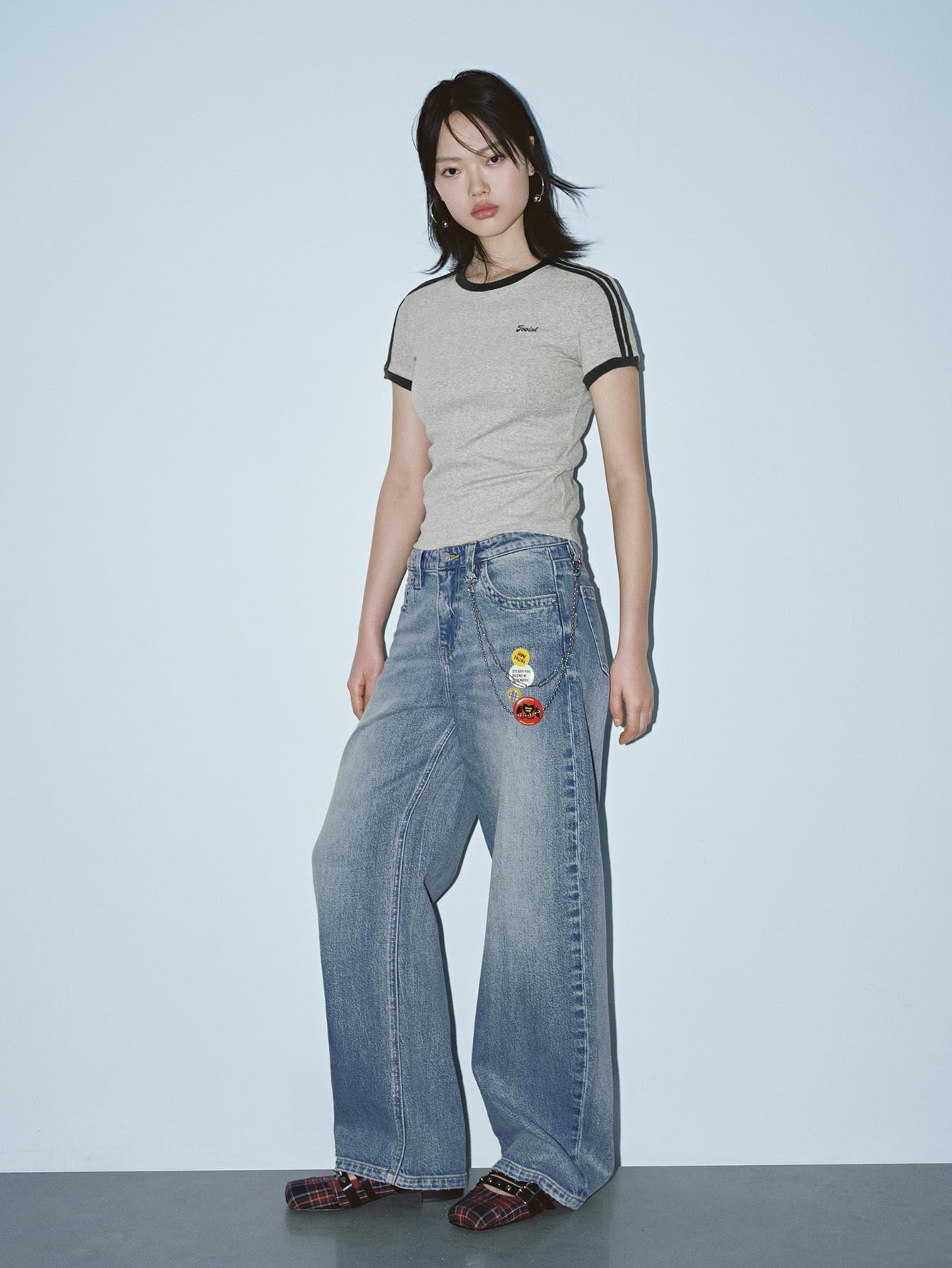 Urban Revivo Chain Detail Barrel Leg Jeans-Blue