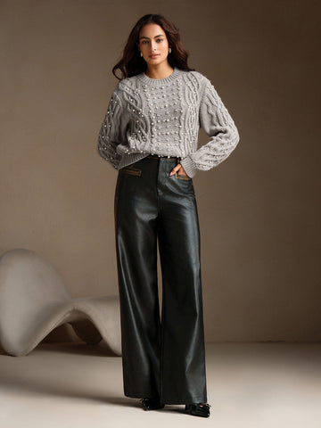 Beaded Cable Knit Pullover Sweater