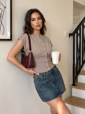 Sleeveless Ribbed Button Up Knit Cardigan