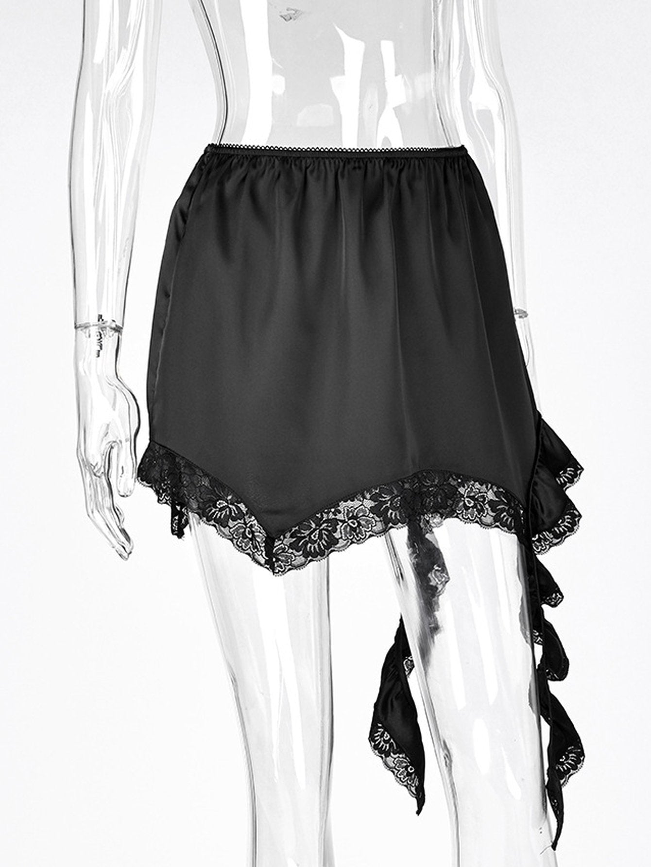 Satin Lace Trim Asymmetric Mini Skirt