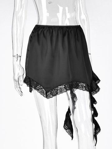 Satin Lace Trim Asymmetric Mini Skirt
