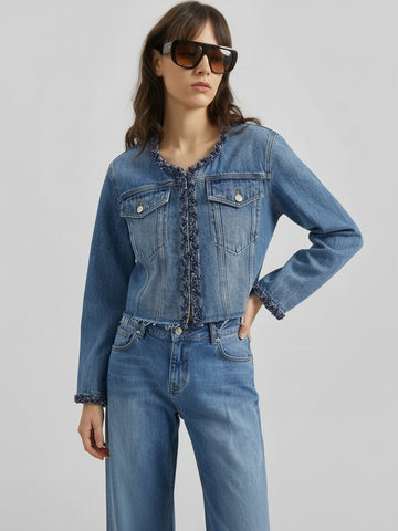Cropped Collarless Denim Jacket