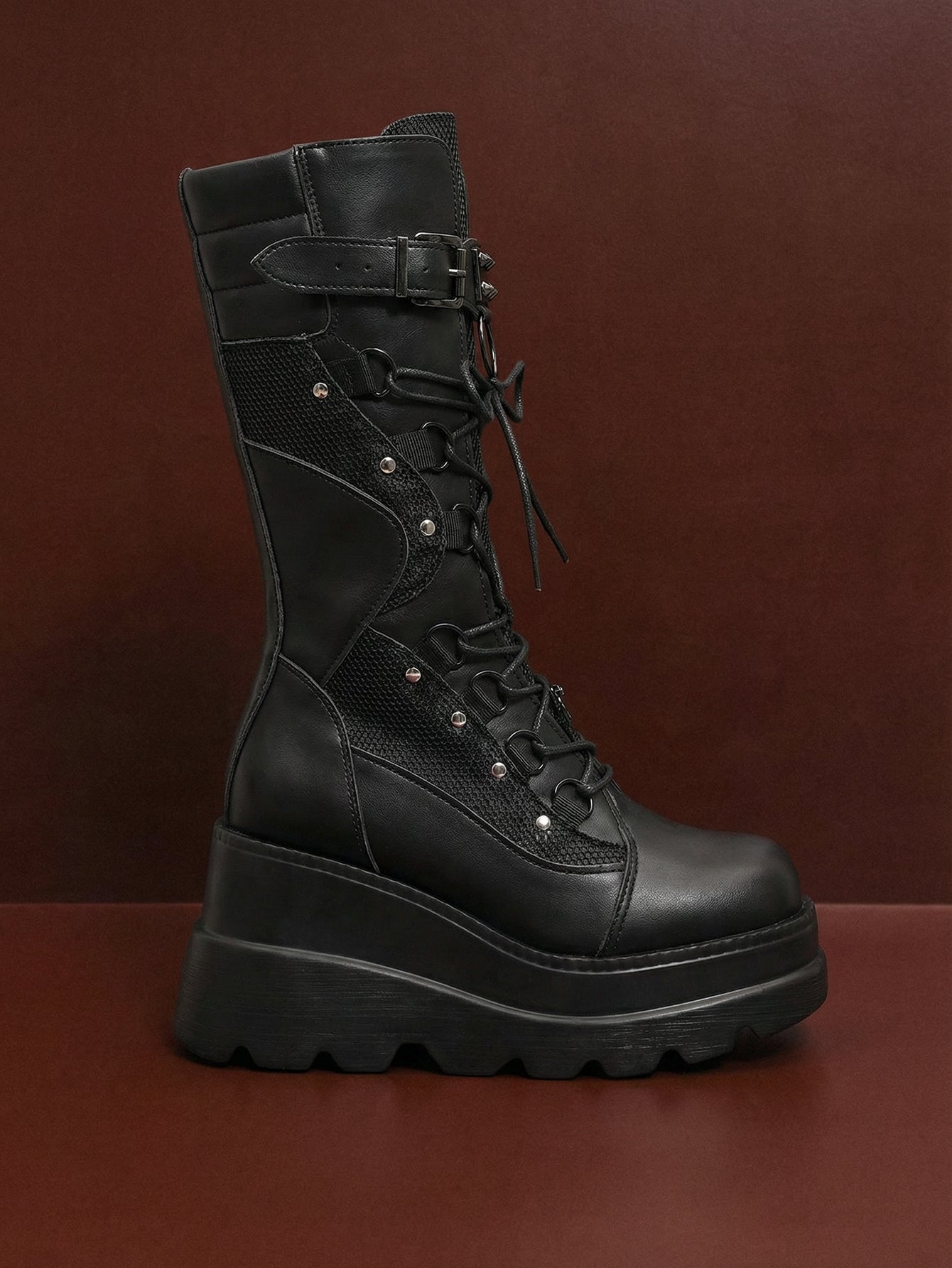 Lace-Up Platform Stud-Detailed Edgy Combat Boots-Black