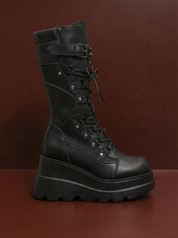 Lace-Up Platform Stud-Detailed Edgy Combat Boots-Black