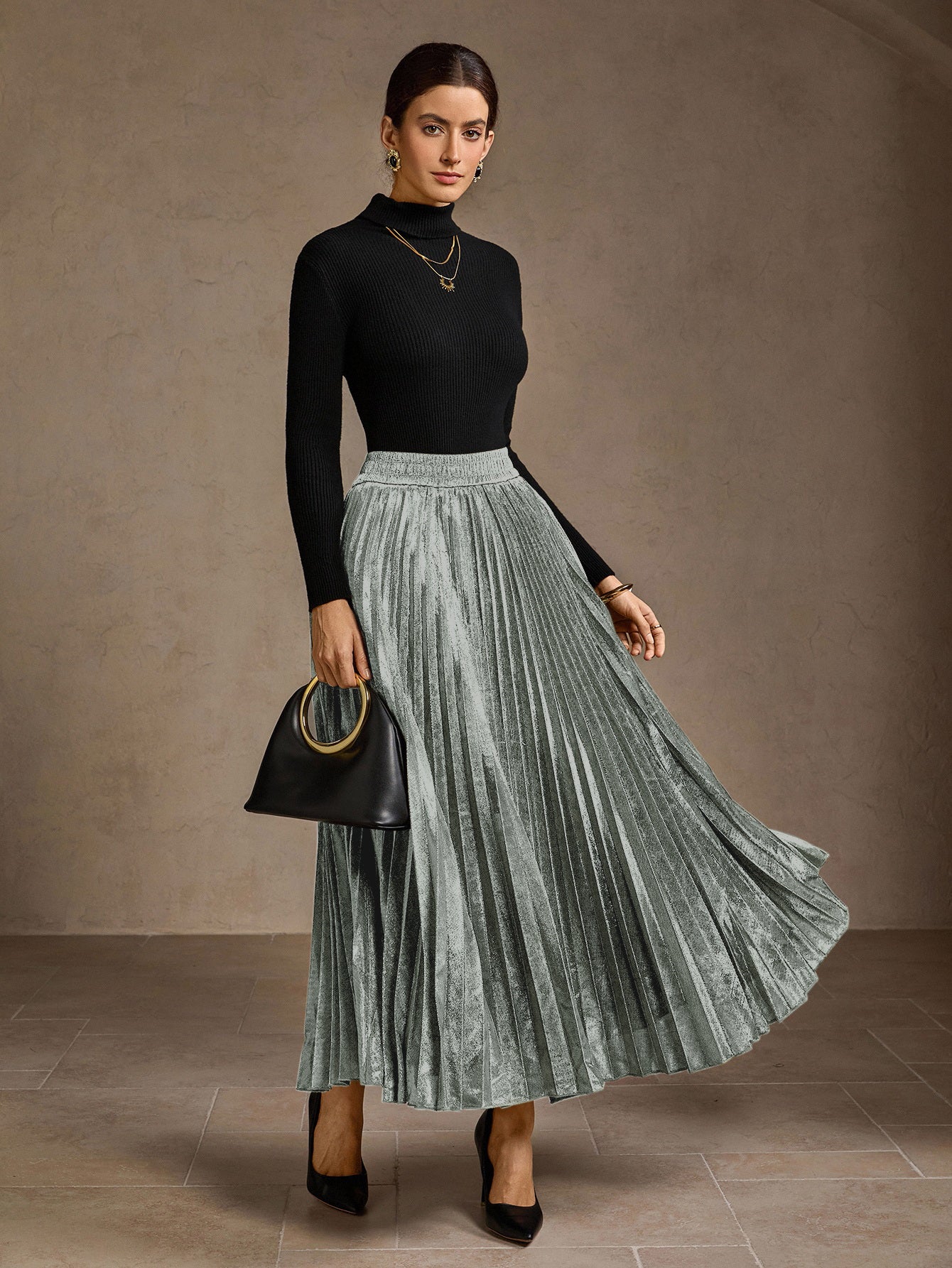 Metallic Pleated High Waisted Midi Skirt