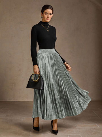 Metallic Pleated High Waisted Midi Skirt
