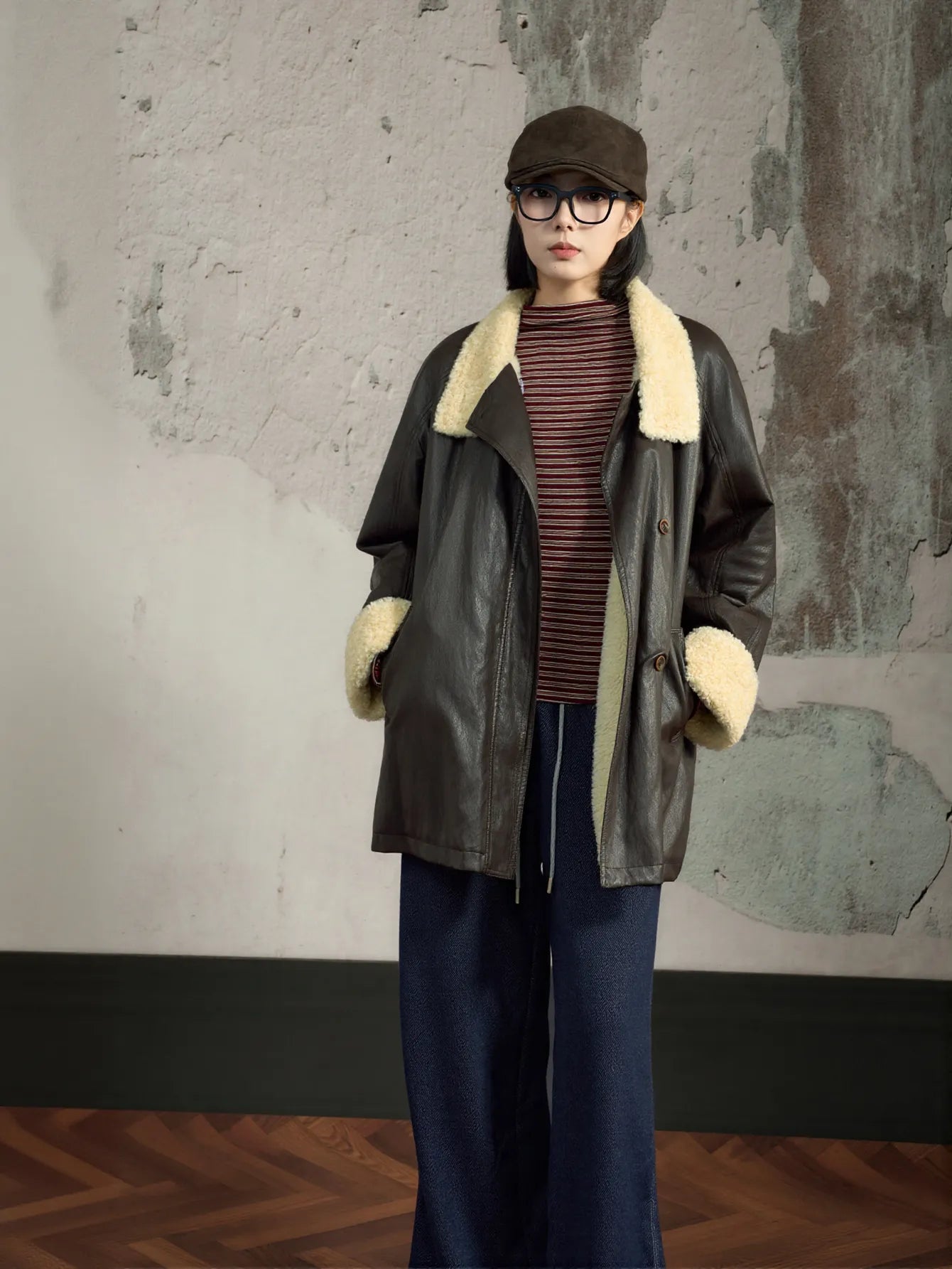Oversized Faux Shearling Trim Leather Jacket