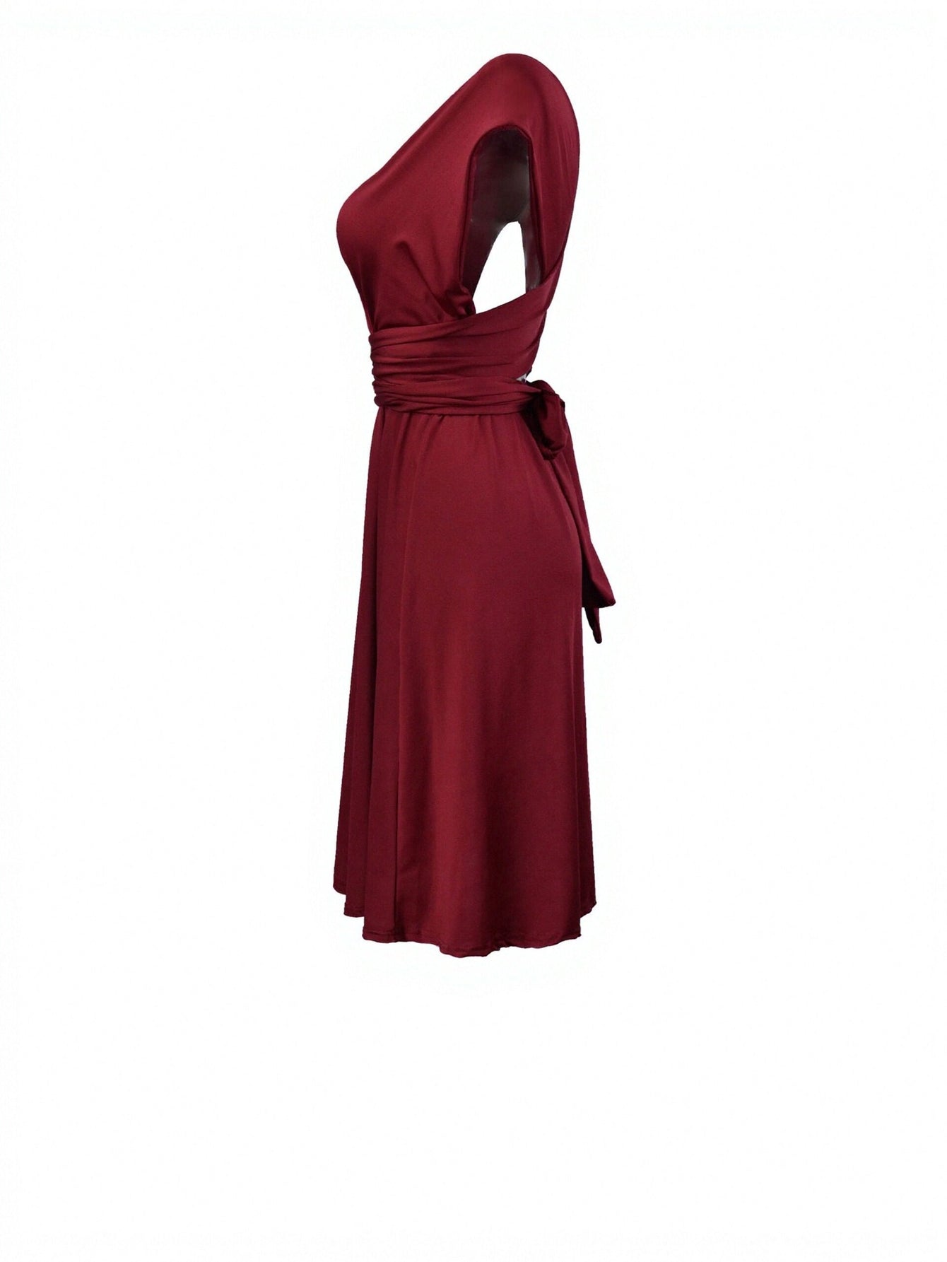 Deep V-Neck Pleated Cinched-Waist Elegant Midi Dress-Burgundy