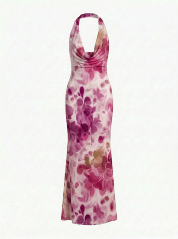 Floral Print Cowl Neck Bodycon Maxi Dress
