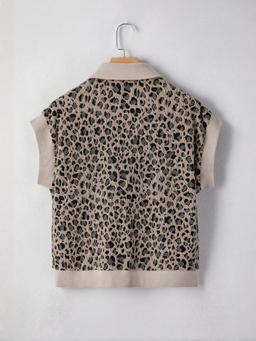 Leopard Print Zip Short Sleeve Top