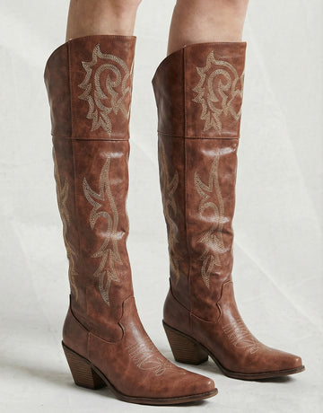 Embroidery Detail Genuine Leather Vintage Cowboy Boots