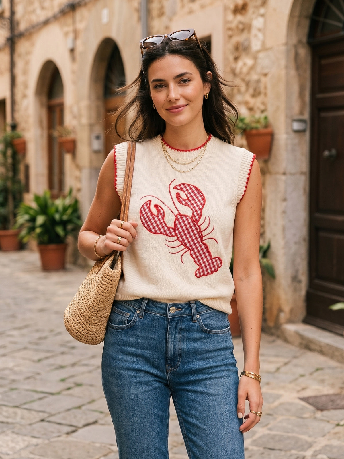 Cute Lobster Print Knit Sweater Vest