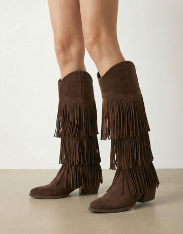 Tiered Long-Fringe Mid-Calf Suede Western Boots