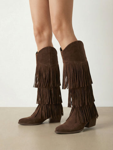 Tiered Long-Fringe Mid-Calf Suede Western Boots