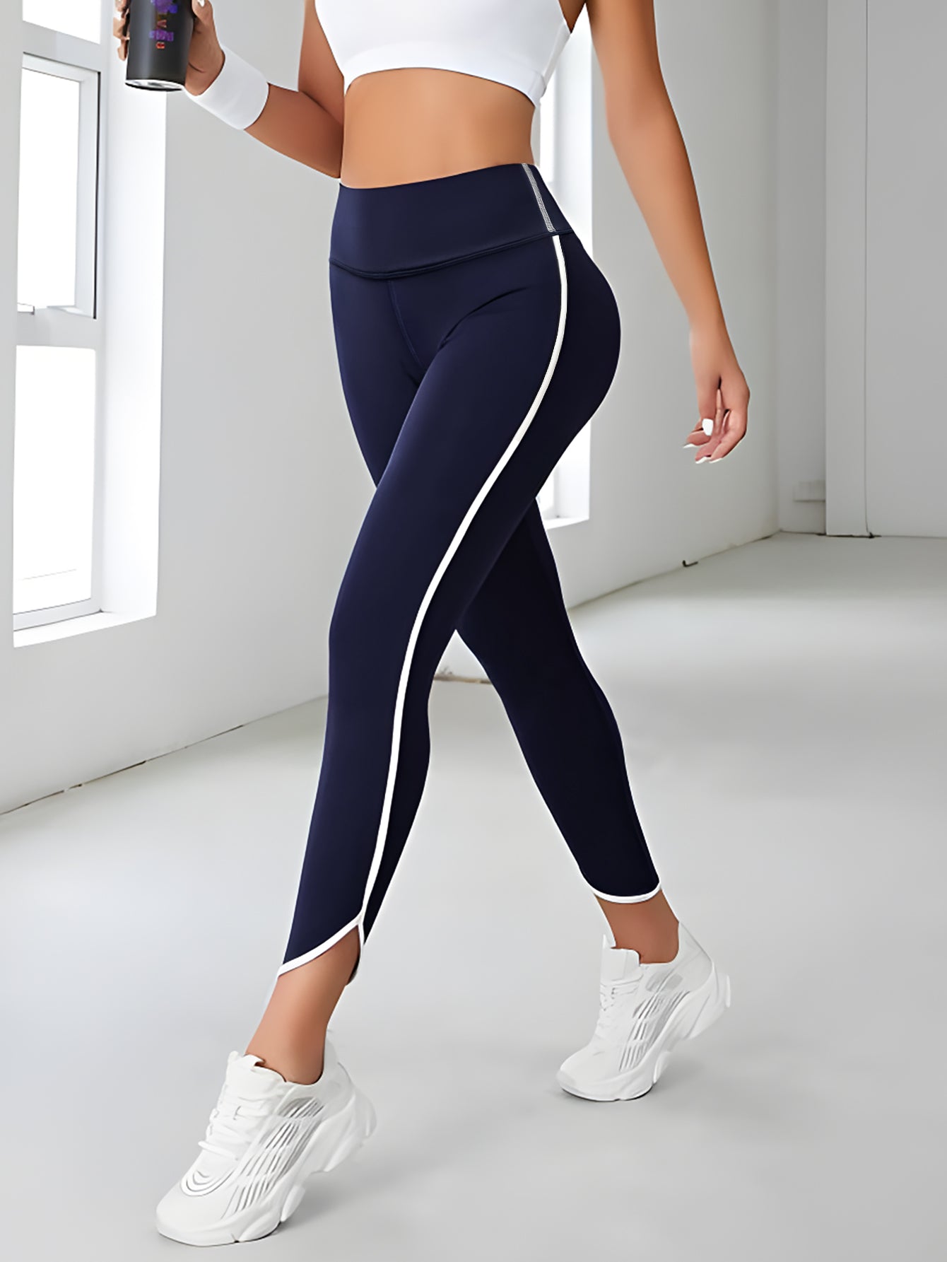 High-Waisted Side-Stripe Cropped-Leg Athletic Leggings-Navy Blue
