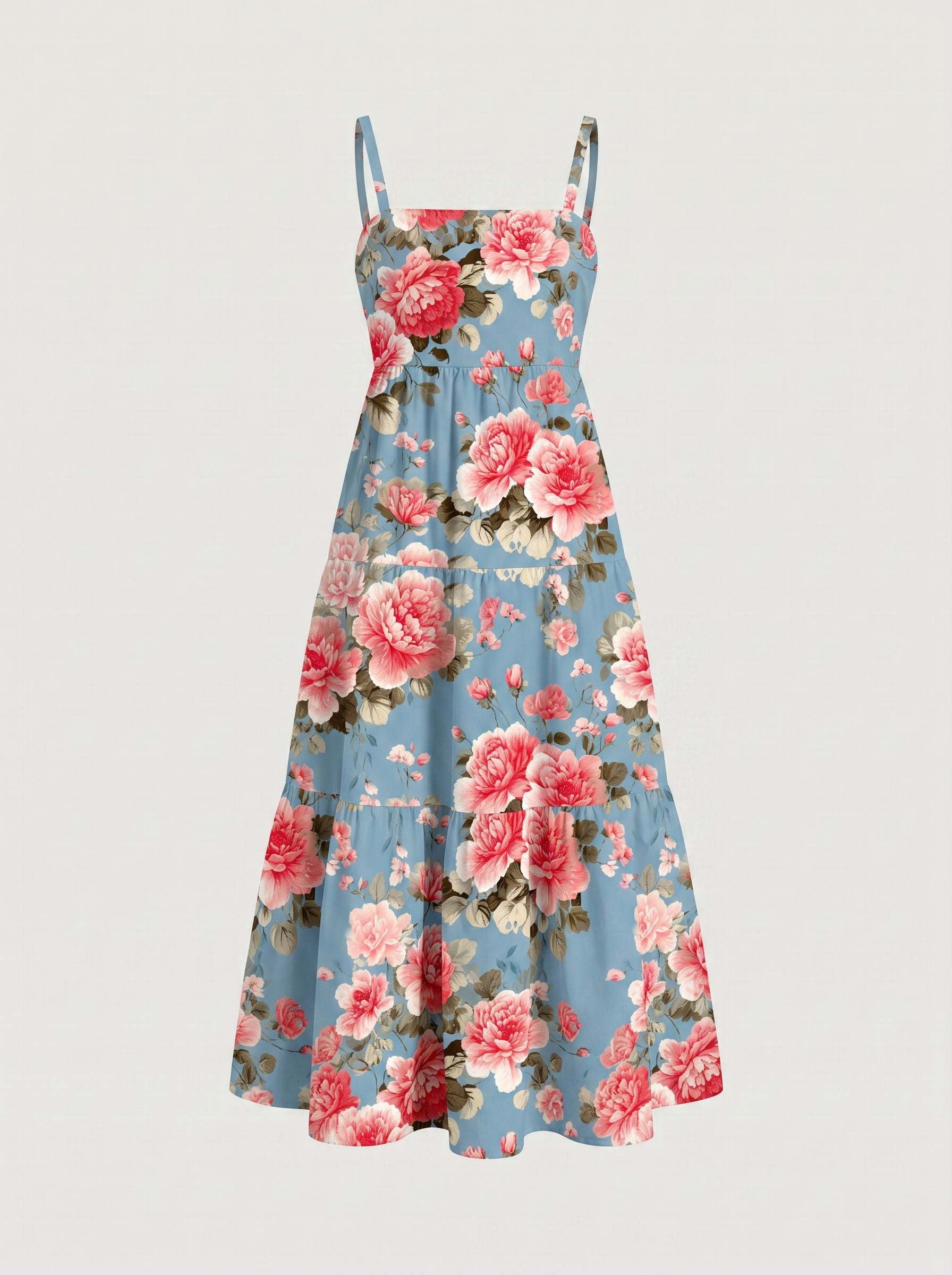 FLORA Floral Print Tiered Strap Midi Dress
