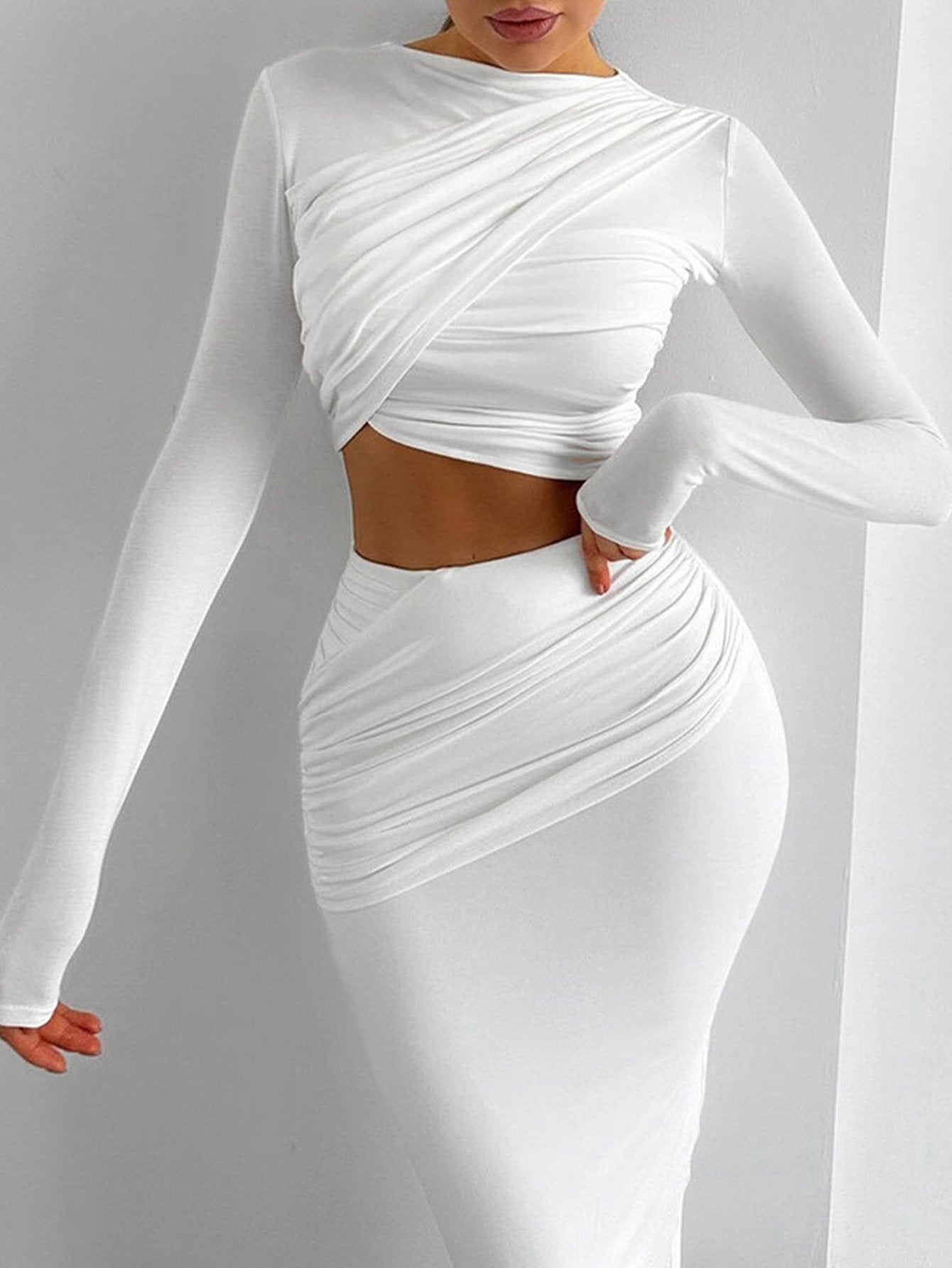 Elegant Ruched Crop Top Skirt Set