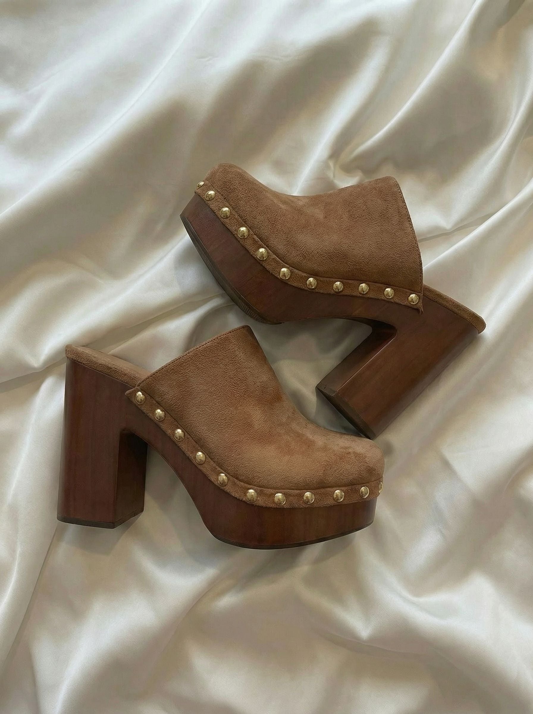 Wooden Heel Studded Edgy Heels