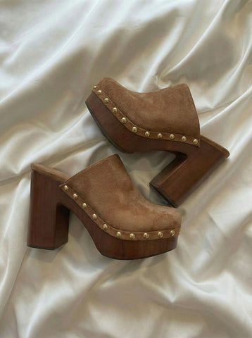Wooden Heel Studded Edgy Heels