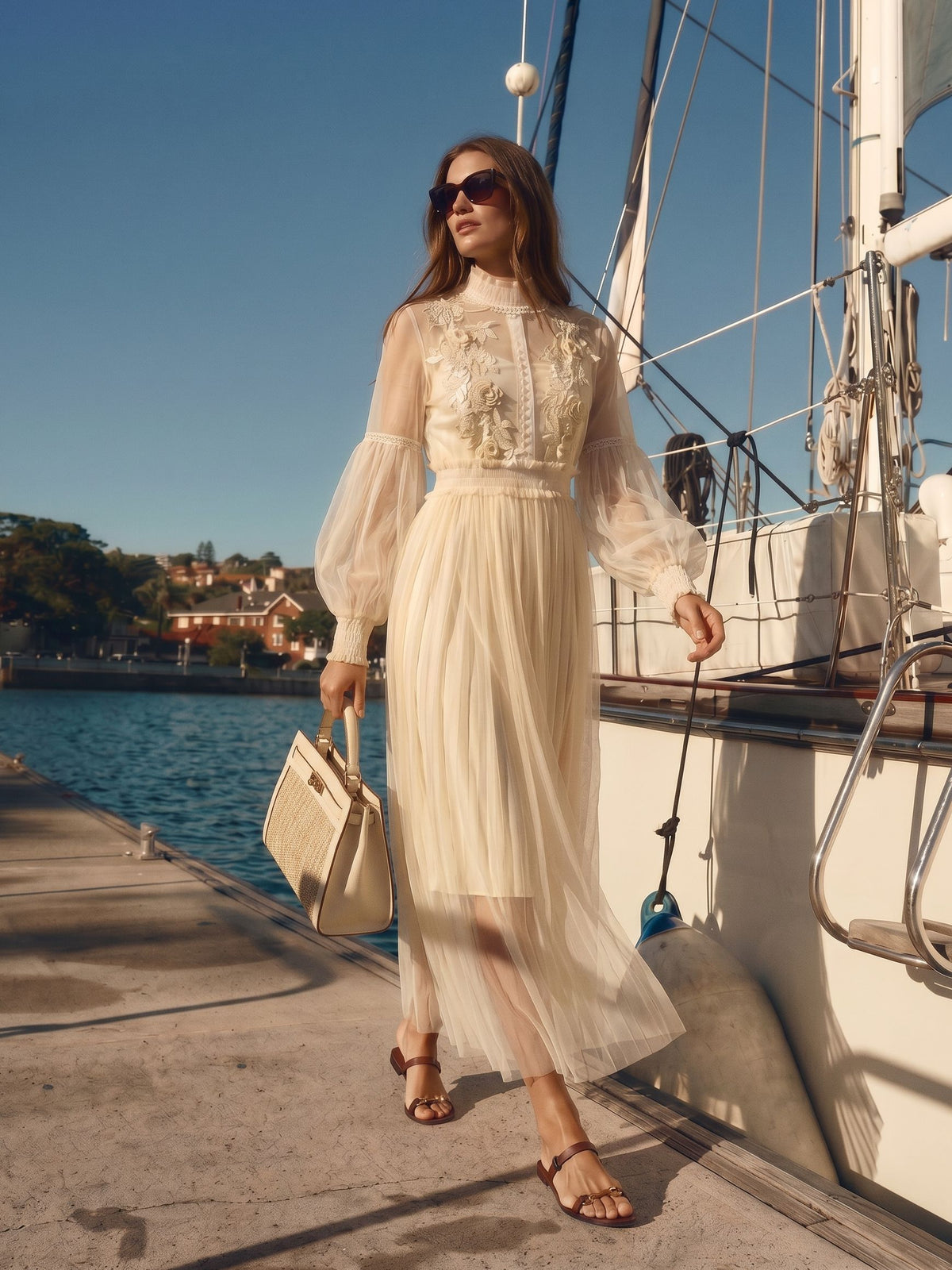 Sheer Embroidered Pleated Maxi Dress