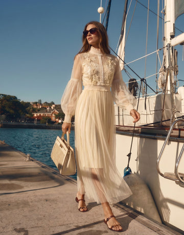 Sheer Embroidered Pleated Maxi Dress