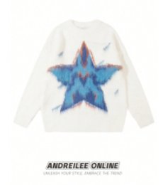 Distressed Star Graphic Fuzzy Pullover Sweater