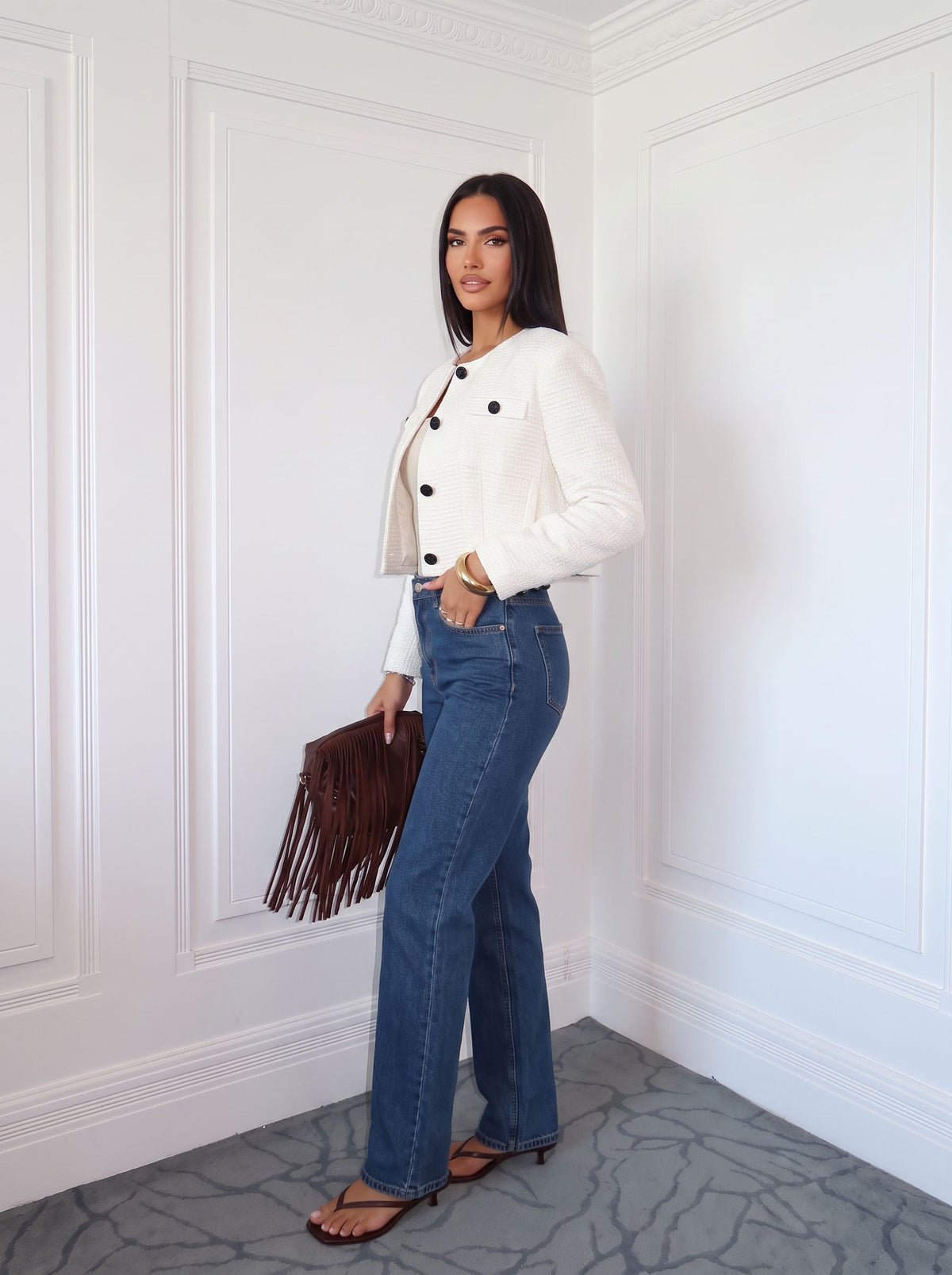 Elegant Cropped Tweed Button Jacket