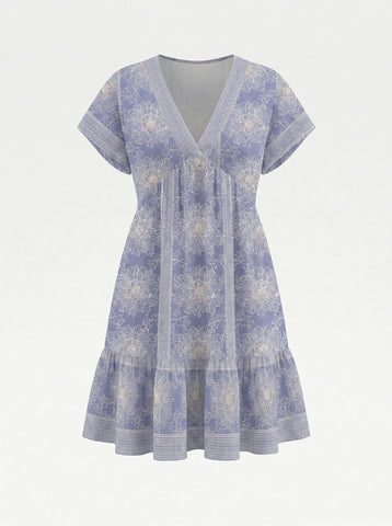 EVA Floral Print V Neck Tiered Babydoll Mini Dress