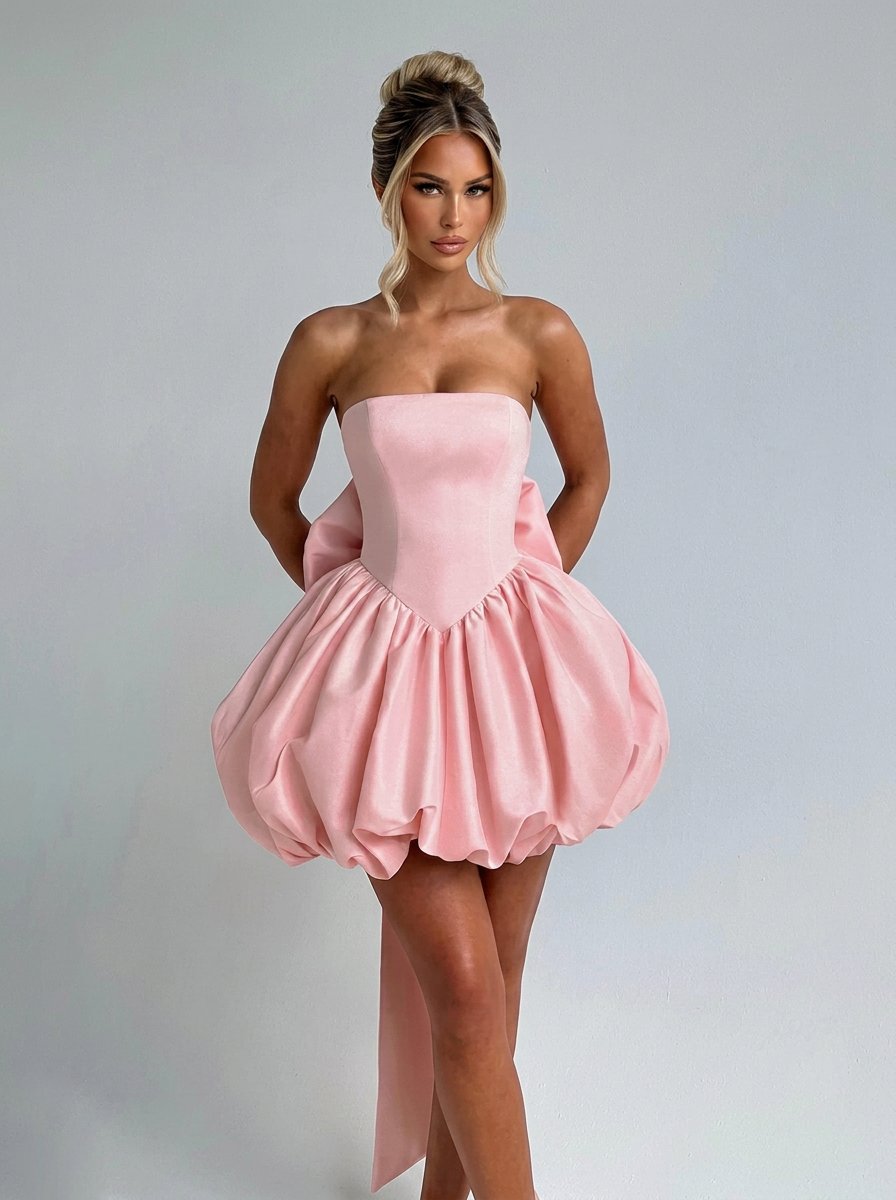 Strapless Bow Back Bubble Mini Dress