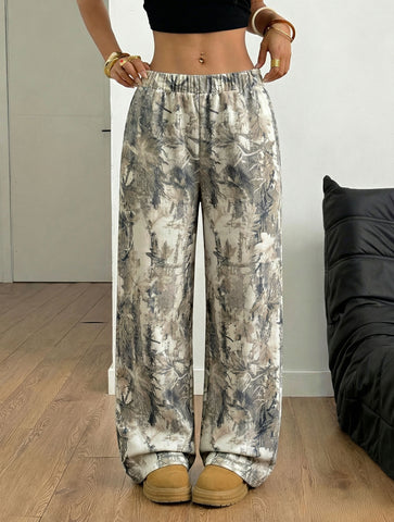 High Waisted Leaf Print Wide Leg Pants