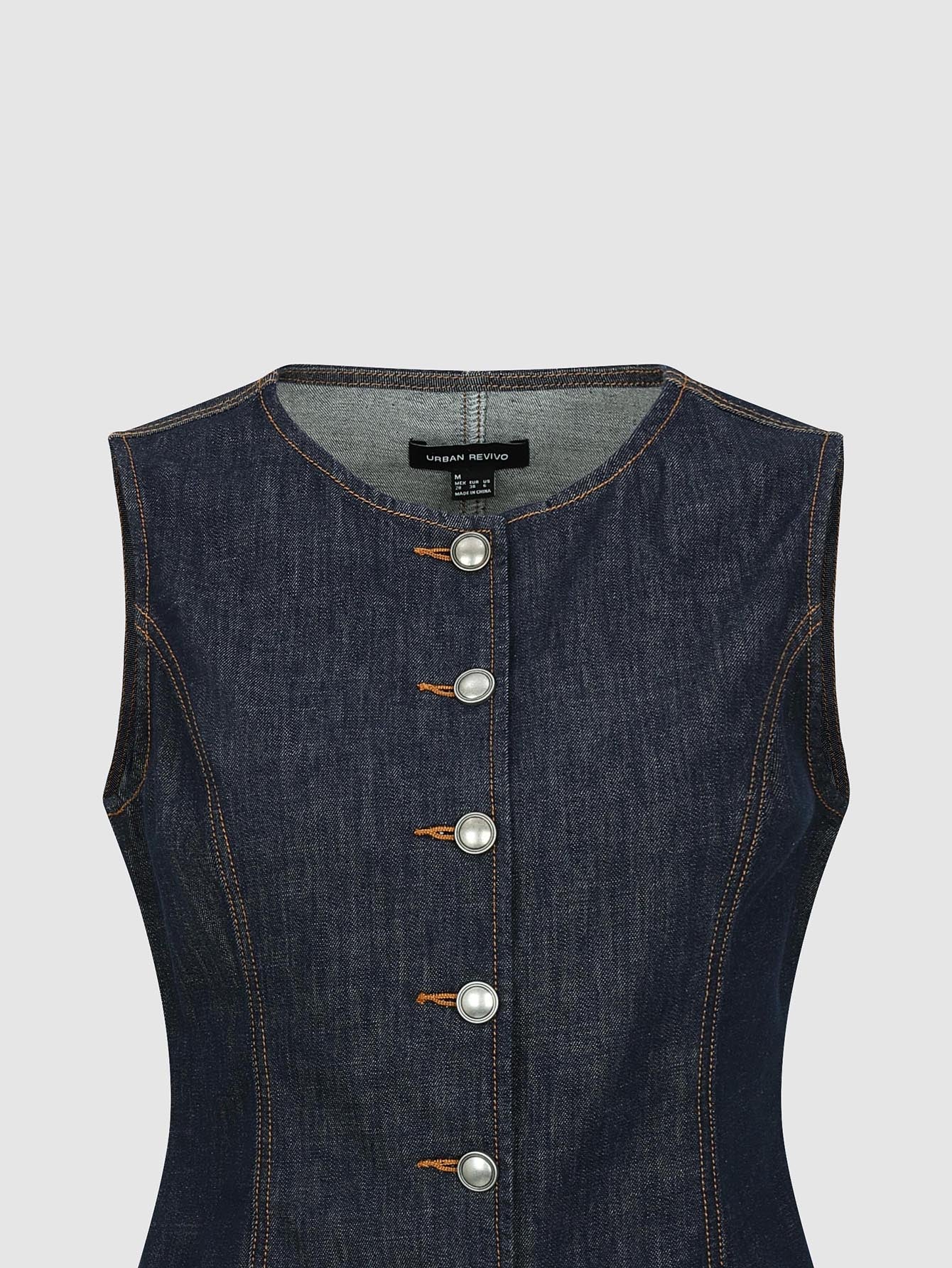 Urban Revivo Seamed Stitch Detail Sleeveless Denim Shirts-Blue