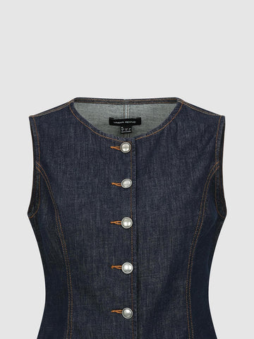 Urban Revivo Seamed Stitch Detail Sleeveless Denim Shirts-Blue
