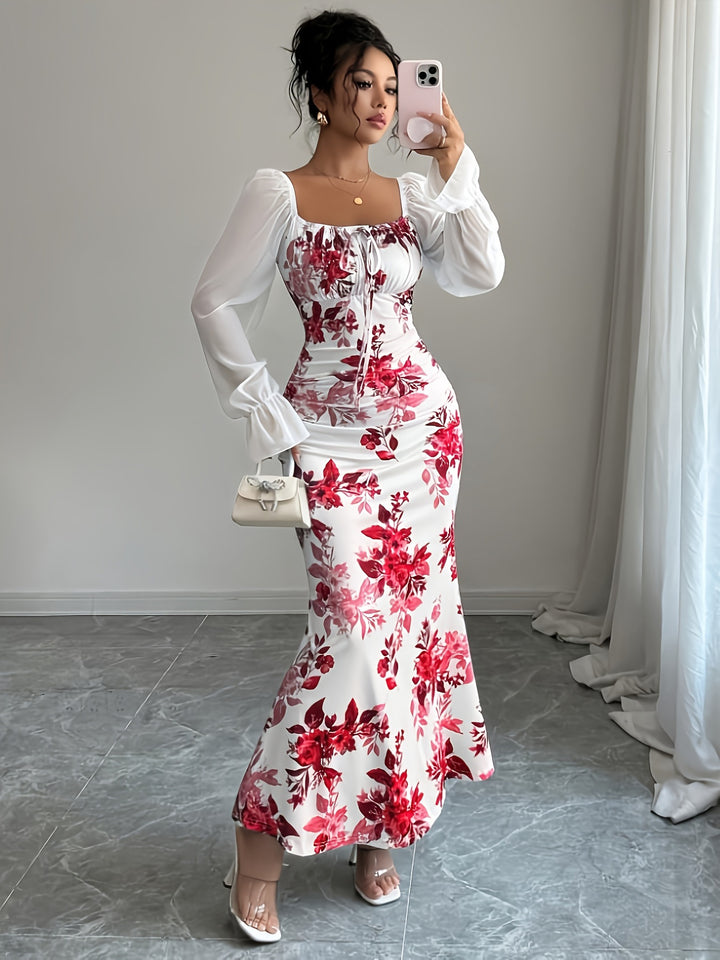 Floral Print Sheer Sleeve Maxi Dress