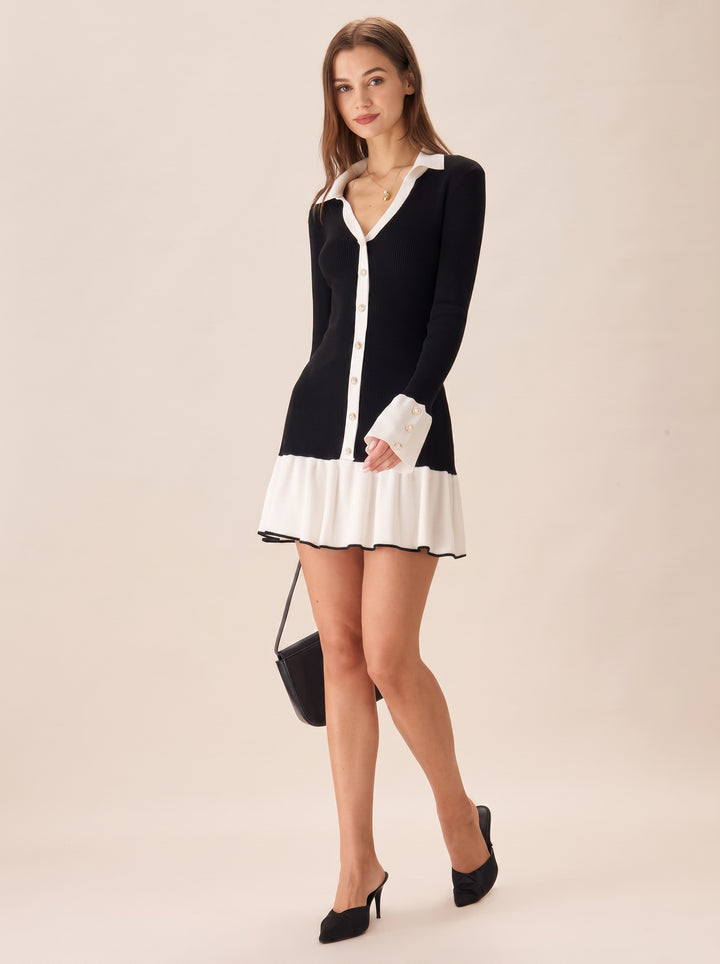 Contrast Button Down Knit Mini Dress