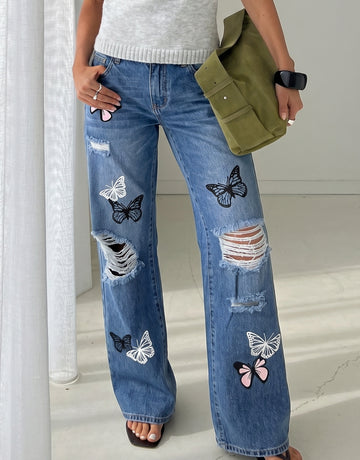 Distressed Butterfly Print Wide Leg Jeans