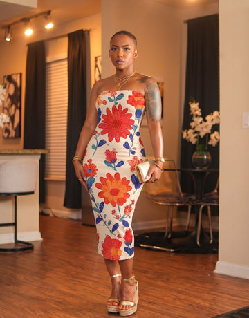 MAIA Retro Dahlia Print Strapless Sheath Midi Dress