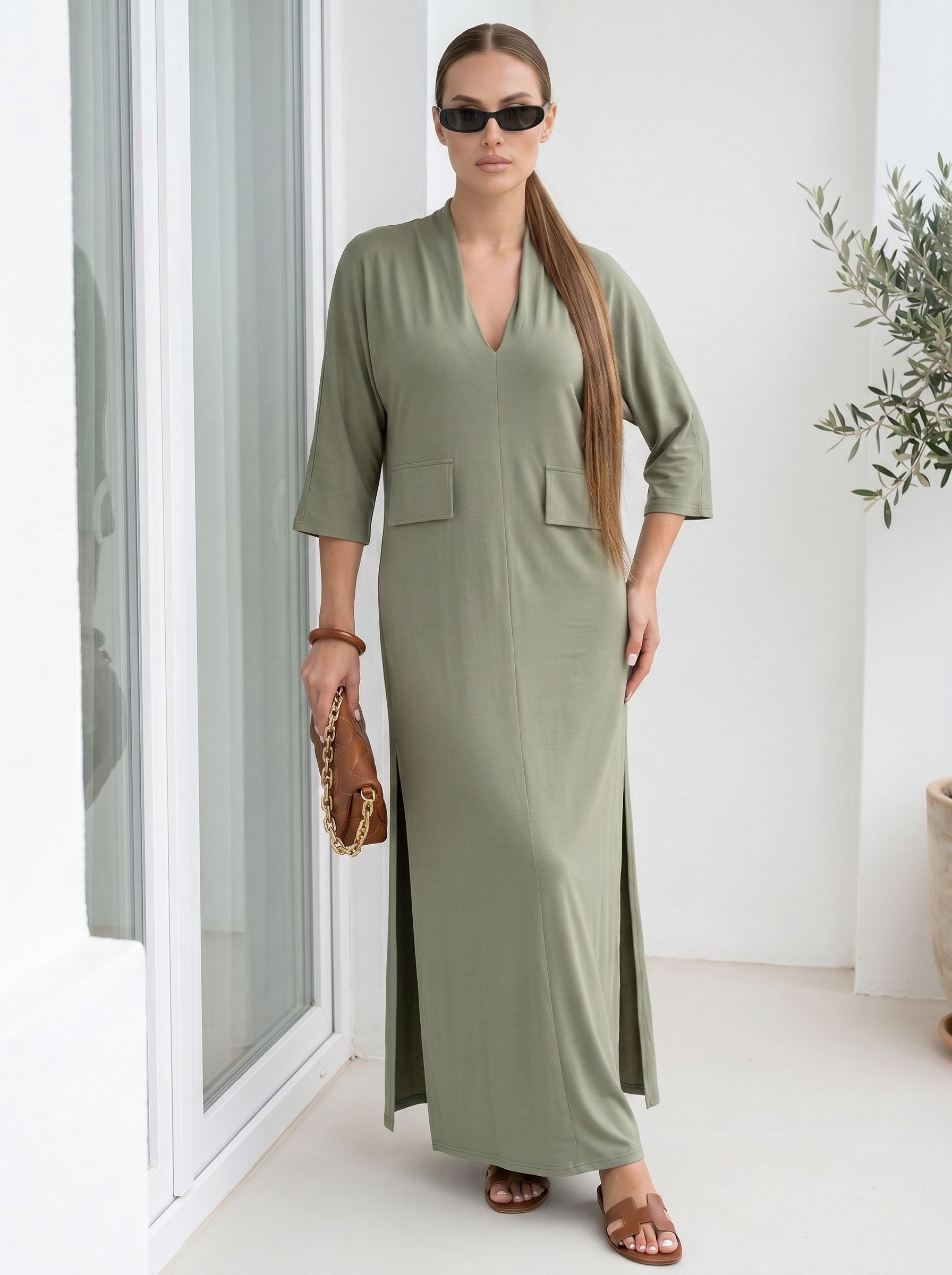 Casual V Neck Side Slit Dress