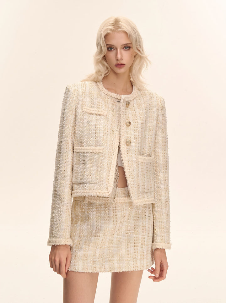 Elegant Metallic Tweed Cropped Jacket