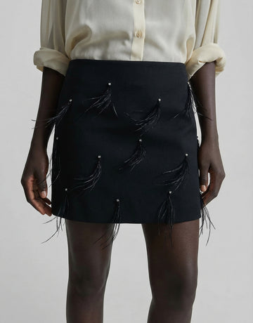 Feather Embellished Wool Skirt