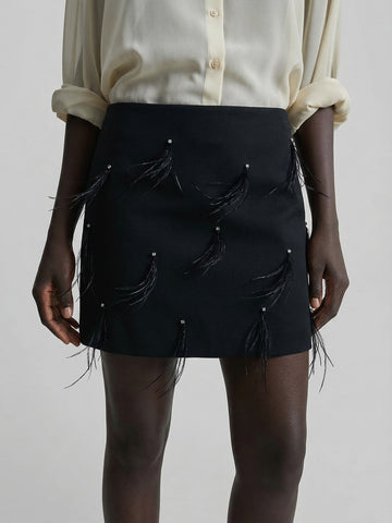 Feather Embellished Wool Skirt