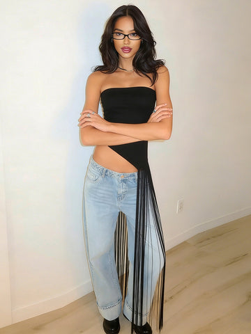 Asymmetric Fringe Strapless Tube Top